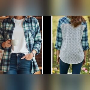 No Boundaries Plaid Lace Back Button Down Shirt XL Blue Teal Mixed Media Boho